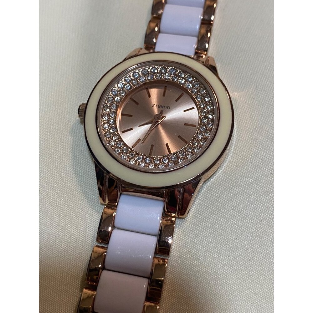 Rose Gold & White Quartz Womens Watch With Rhinestone Bezel Stainless Steel Back